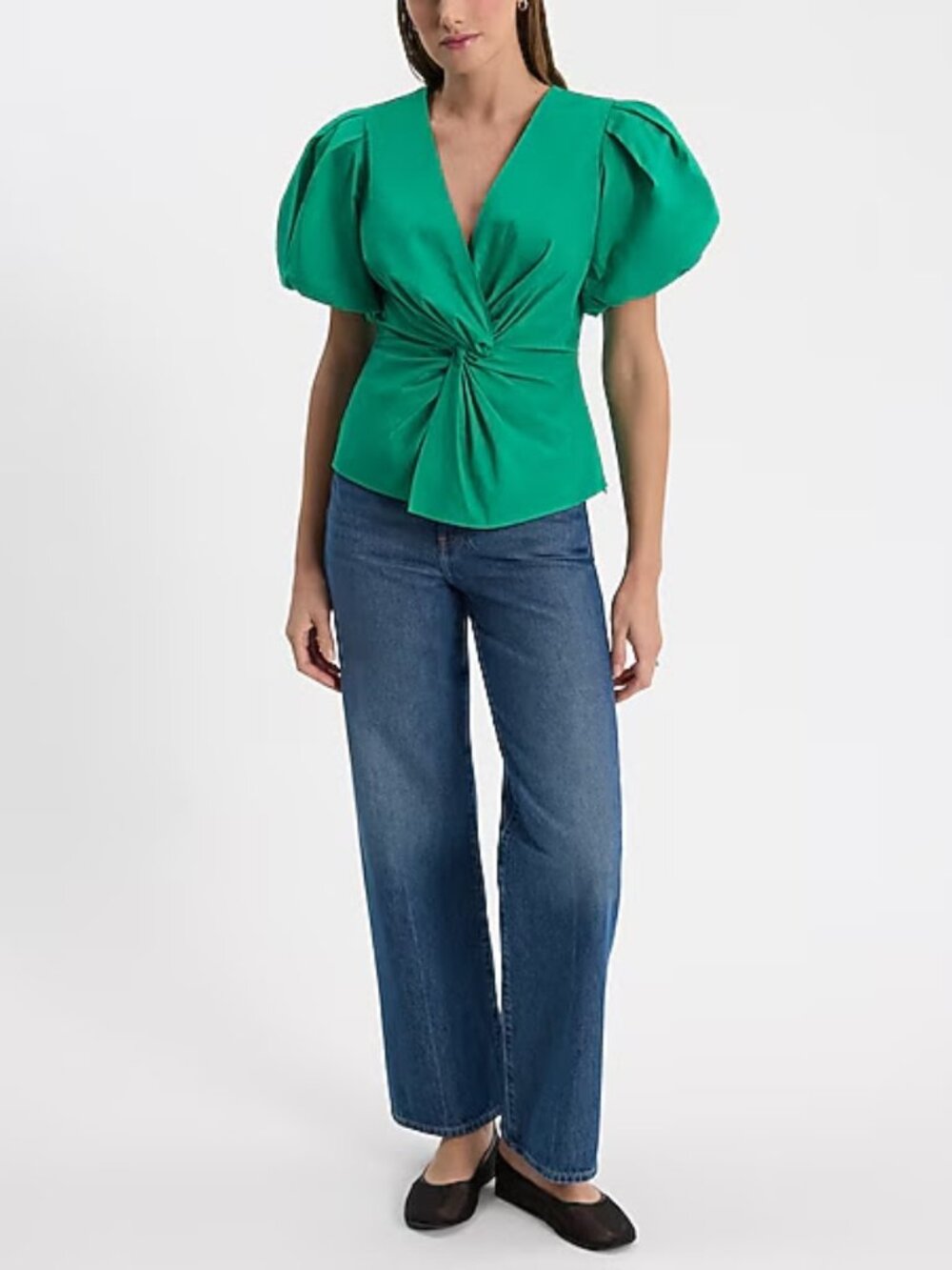 Express V-Neck Puff Sleeve Twist Front Top